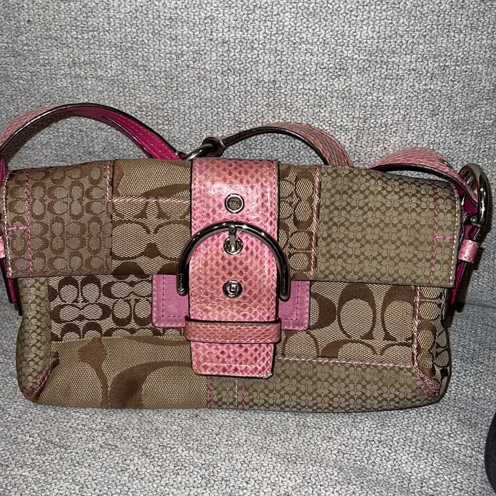 Brown Classic Coach Purse Pink Snakeskin Detail